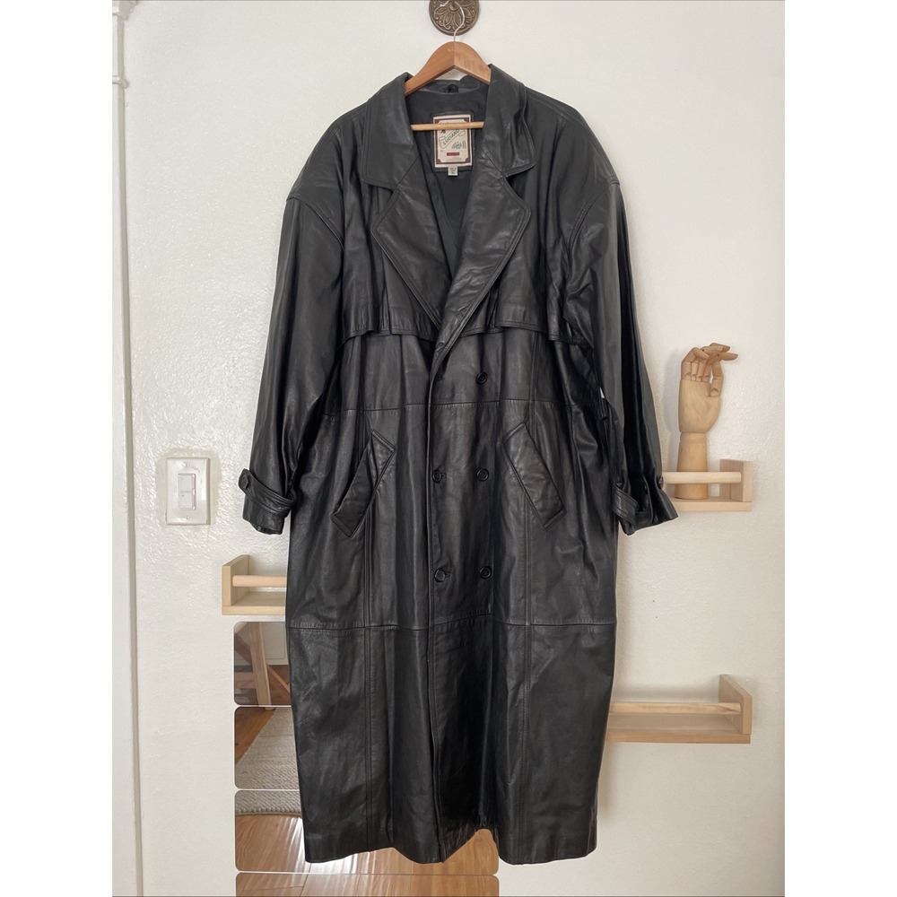 Vintage Luis Alvear Men's Black Leather Trench Coat Size XL